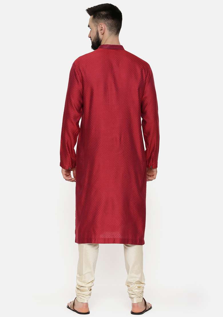 Red Jacquard Silk Blend Kurta Set For Men - Indya
