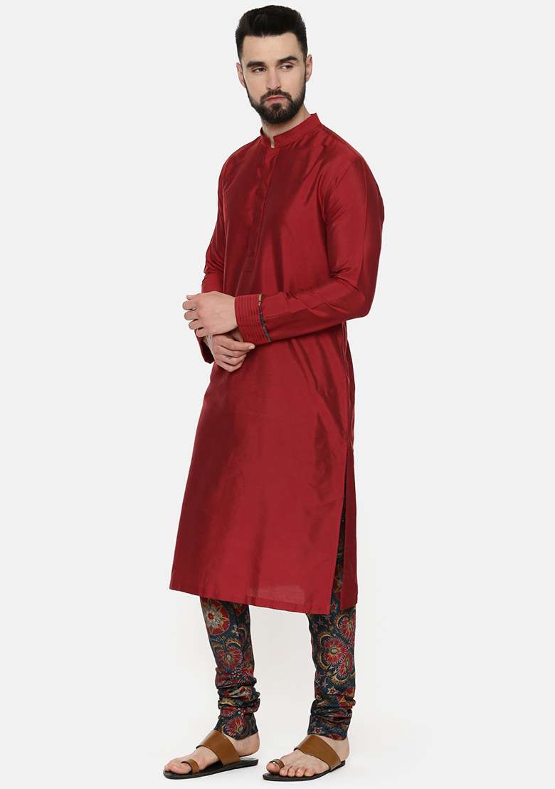 Red Silk Blend Kurta And Printed Churidar Set For Men - Indya