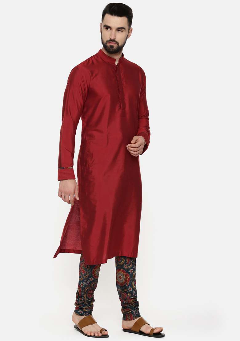 Red Silk Blend Kurta And Printed Churidar Set For Men - Indya