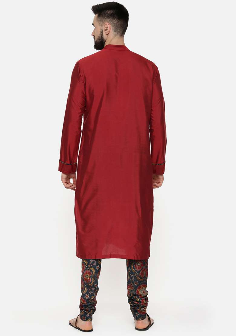 Red Silk Blend Kurta And Printed Churidar Set For Men - Indya