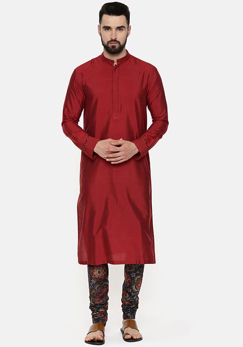 Red Silk Kurta And Printed Churidar Set For Men