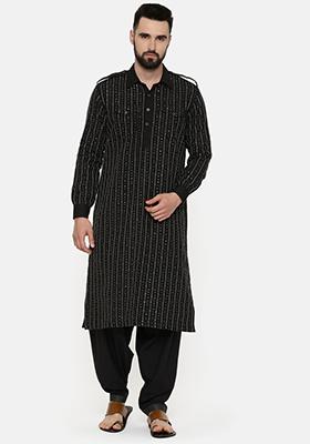 Black Hand Embroidered Pathani Kurta Set For Men