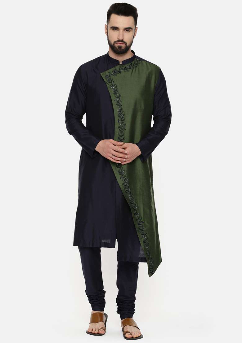 Green And Blue Embroidered Kurta Set For Men - Indya