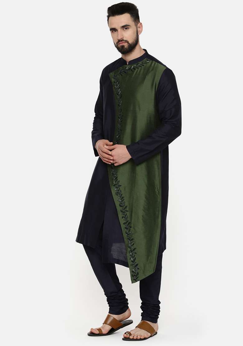 Green And Blue Embroidered Kurta Set For Men - Indya