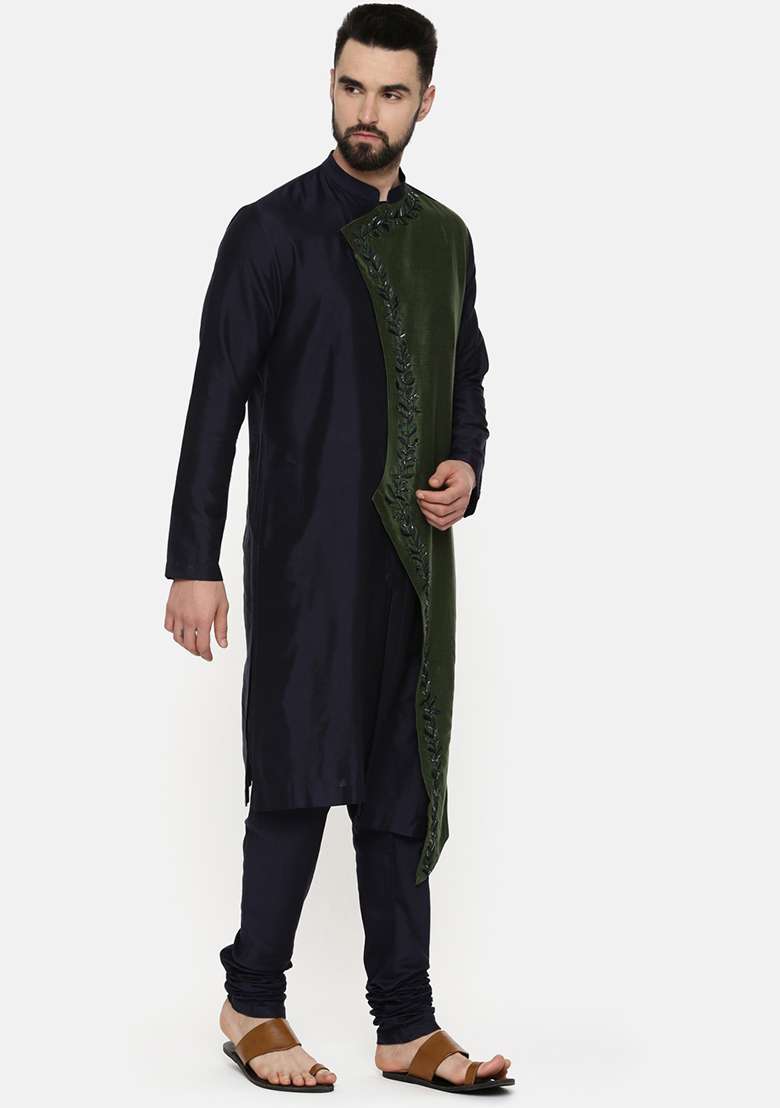 Green And Blue Embroidered Kurta Set For Men - Indya