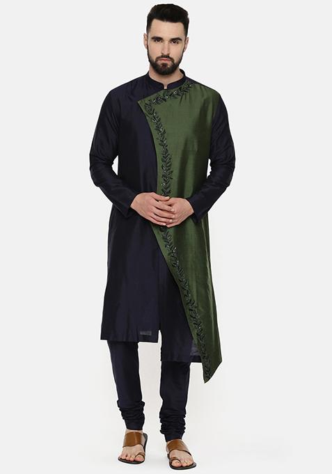 Green And Blue Embroidered Kurta Set For Men
