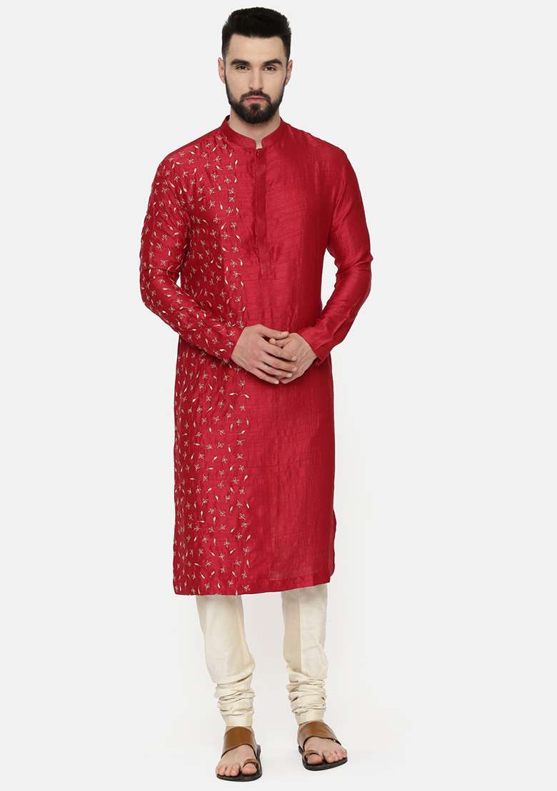 Red Hand Embroidered Slub Silk Blend Kurta Set For Men - Indya