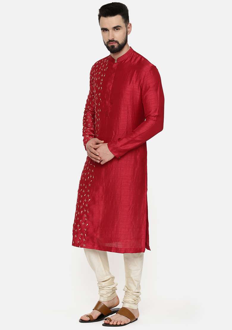 Red Hand Embroidered Slub Silk Blend Kurta Set For Men - Indya