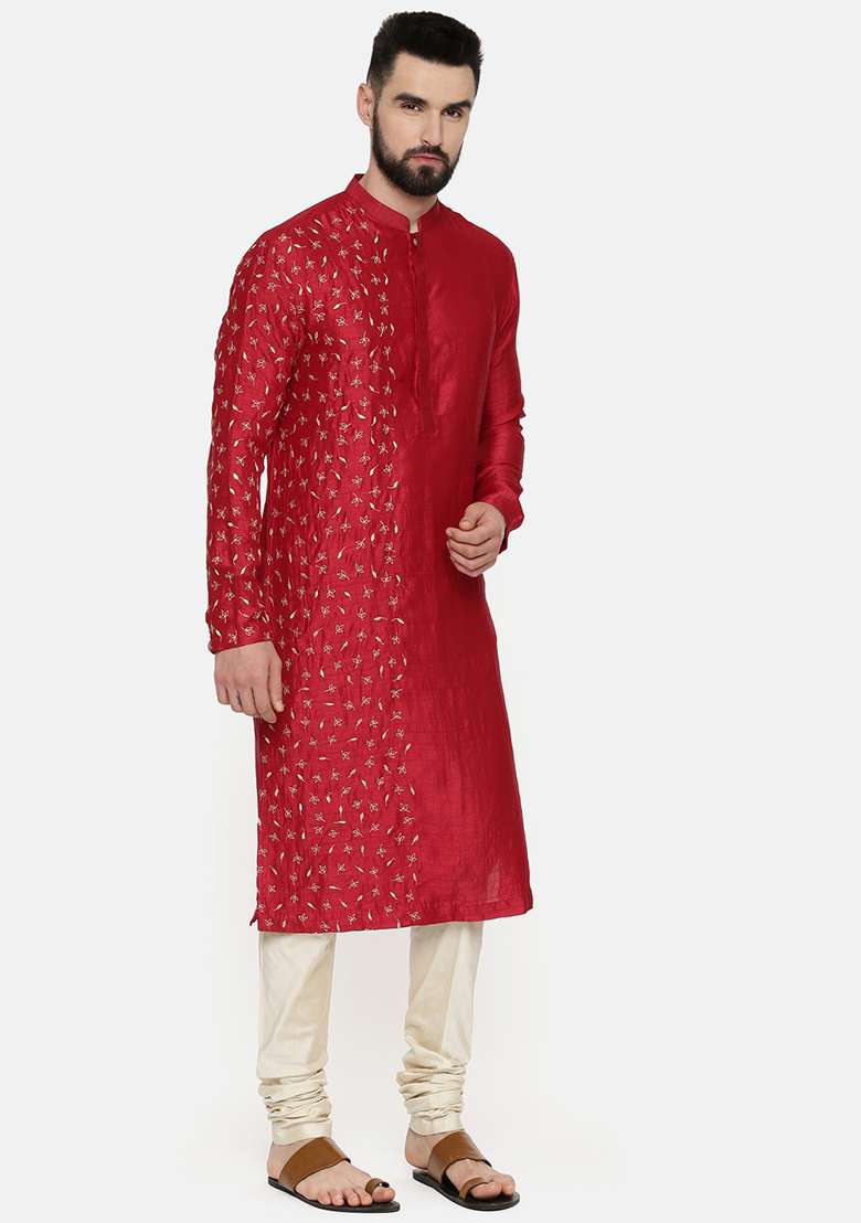 Red Hand Embroidered Slub Silk Blend Kurta Set For Men - Indya
