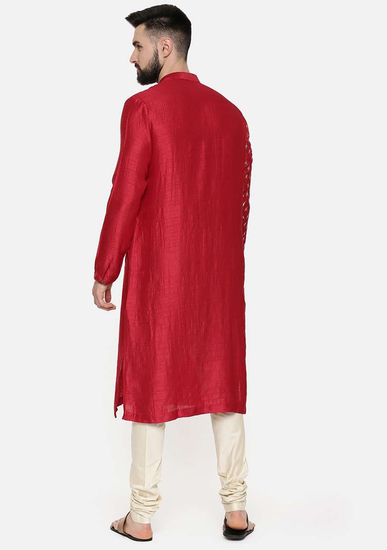 Red Hand Embroidered Slub Silk Blend Kurta Set For Men - Indya