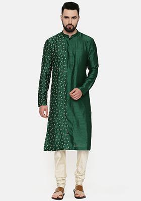 Bottle Green Hand Embroidered Slub Silk Kurta Set For Men