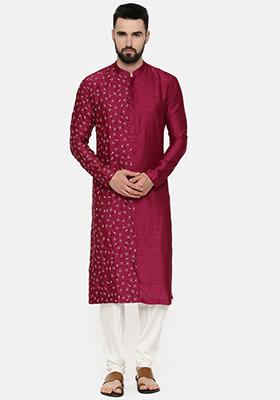 Wine Hand Embroidered Slub Silk Kurta Set For Men