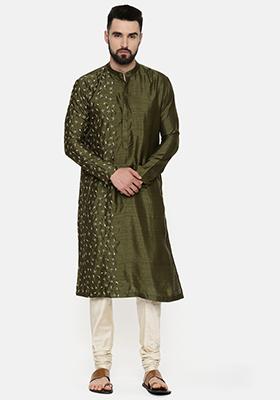 Mehndi Green Hand Embroidered Slub Silk Kurta Set For Men
