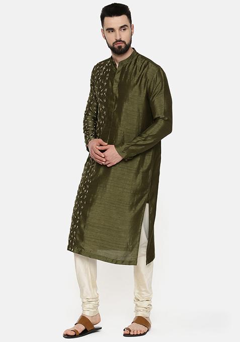 Grey - Plain Dyed Slub Silk Men Long Kurta