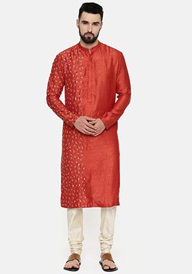 Rust Hand Embroidered Slub Silk Kurta Set For Men