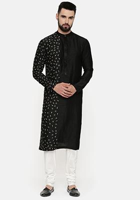 Black Hand Embroidered Slub Silk Kurta Set For Men