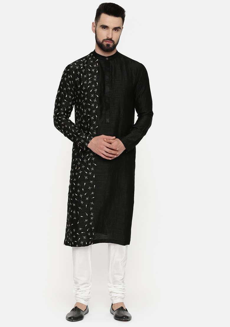 Black Hand Embroidered Slub Silk Blend Kurta Set For Men - Indya