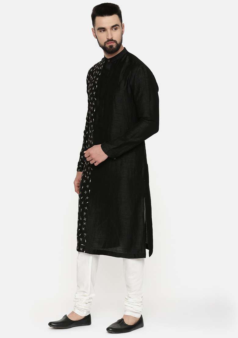Black Hand Embroidered Slub Silk Blend Kurta Set For Men - Indya