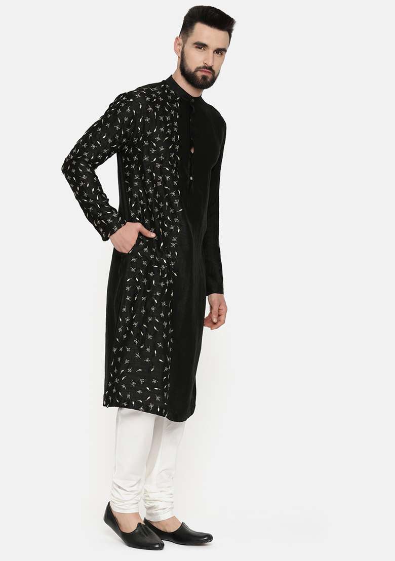 Black Hand Embroidered Slub Silk Blend Kurta Set For Men - Indya