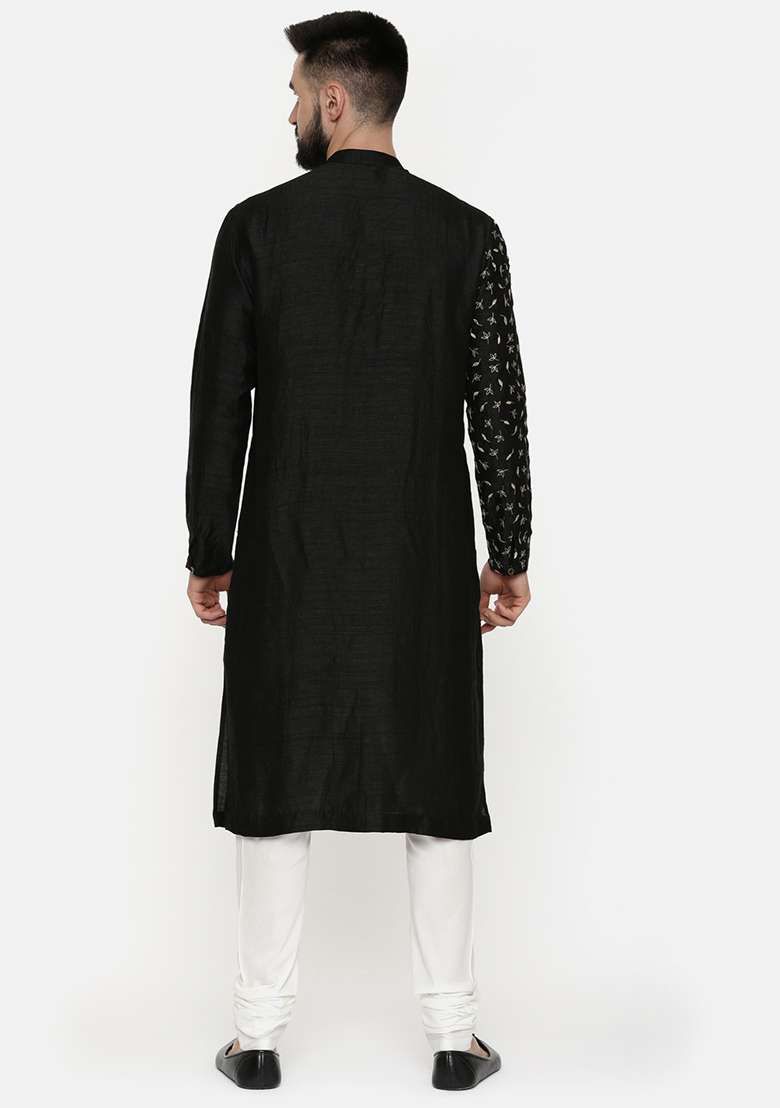 Black Hand Embroidered Slub Silk Blend Kurta Set For Men - Indya