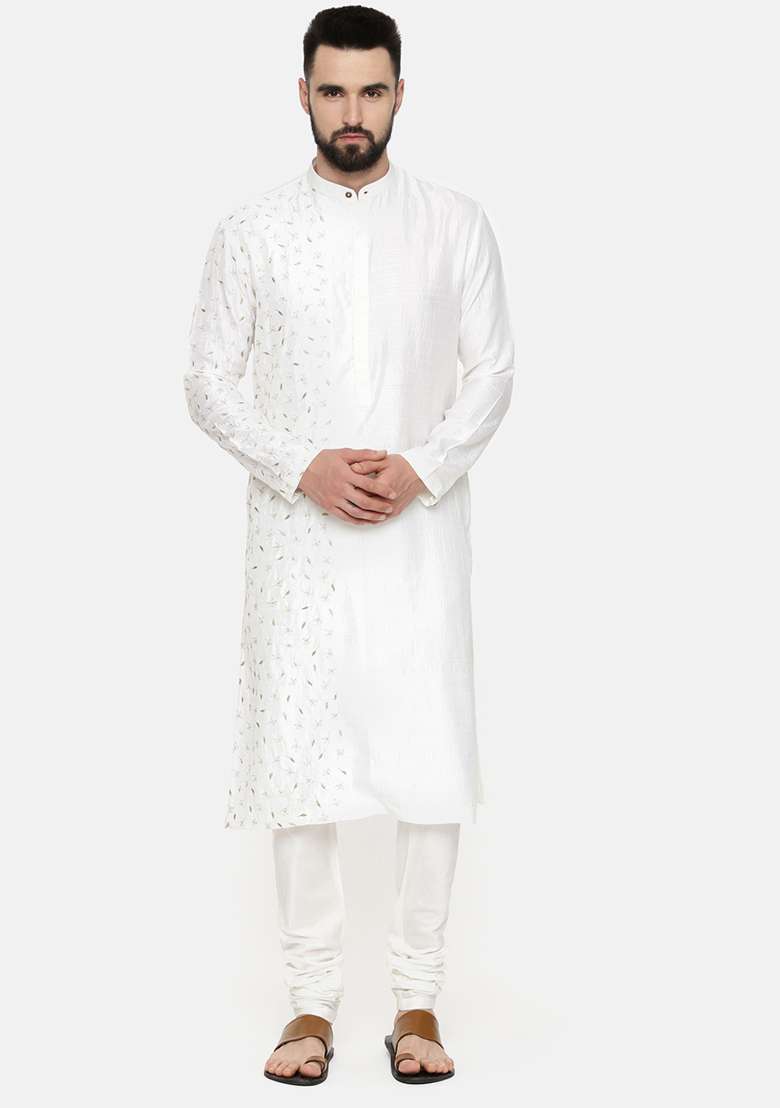 Ivory Hand Embroidered Slub Silk Blend Kurta Set For Men - Indya