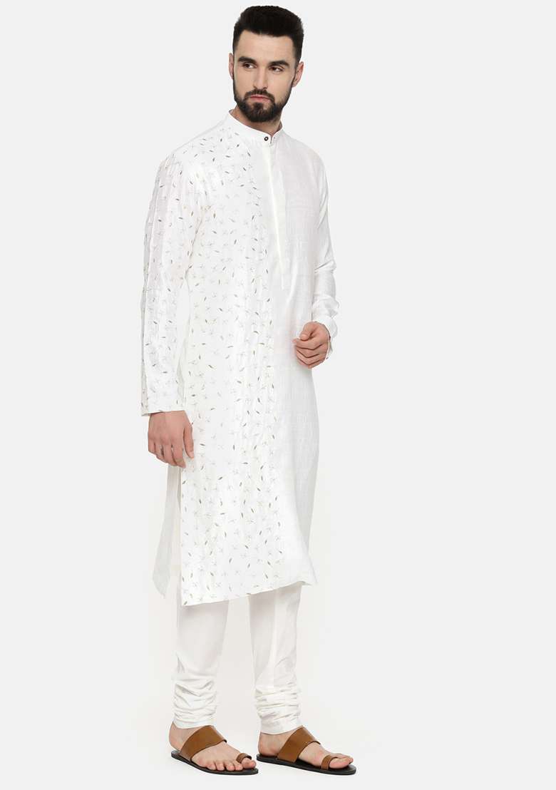 Ivory Hand Embroidered Slub Silk Blend Kurta Set For Men - Indya