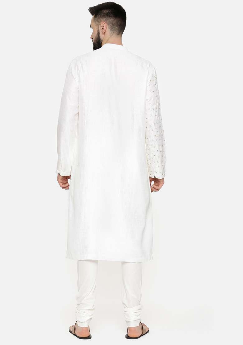Ivory Hand Embroidered Slub Silk Blend Kurta Set For Men - Indya