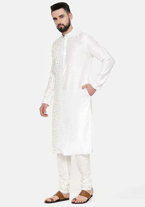 Sky Blue - Slub Silk Kurta for Men with Embellished Neckline Work 09