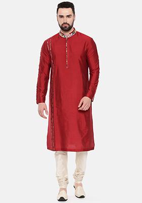 Red Band Collar Kurta Set For Men