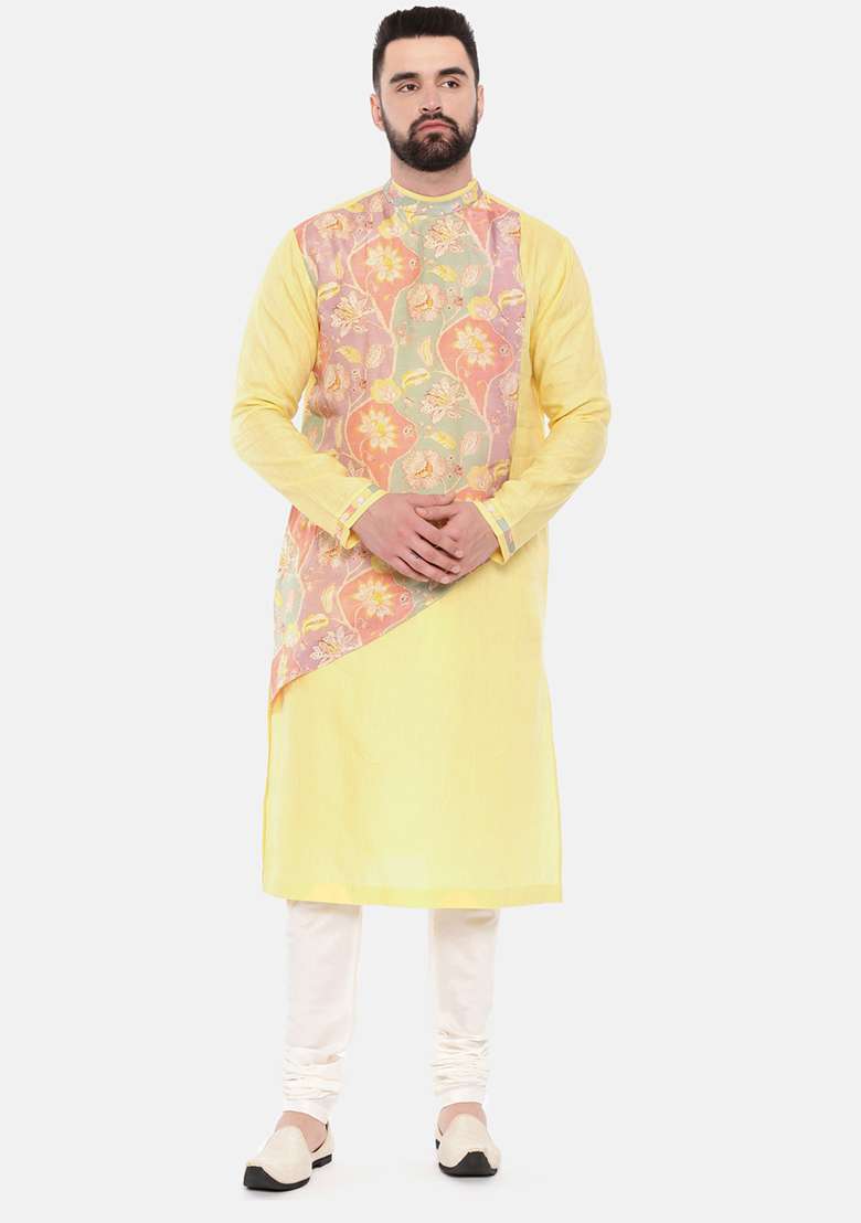 Yellow Printed Linen Kurta Set For Men - Indya