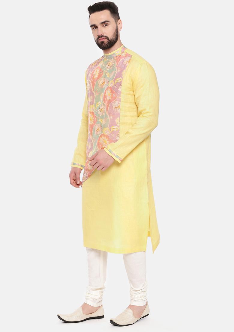 Yellow Printed Linen Kurta Set For Men