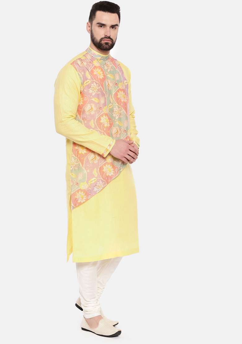Yellow Printed Linen Kurta Set For Men - Indya
