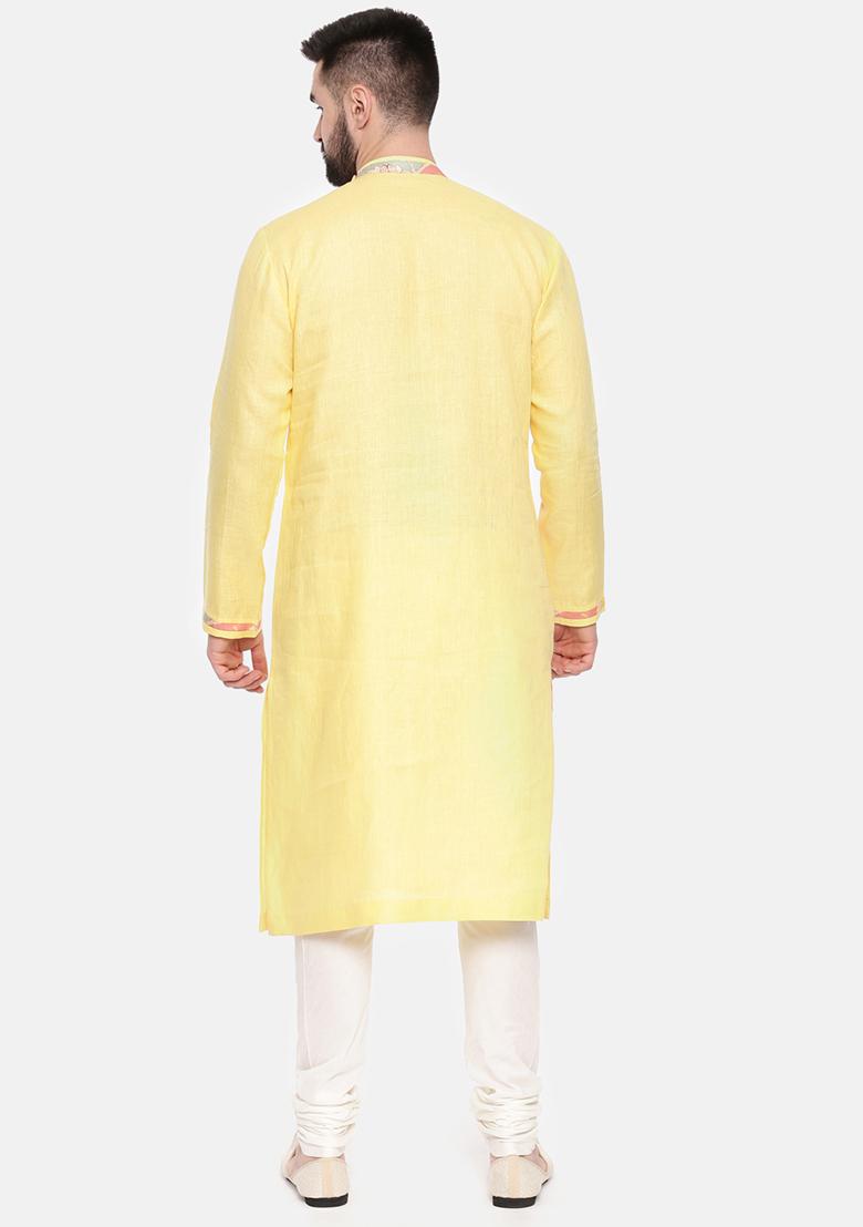 Yellow Printed Linen Kurta Set For Men