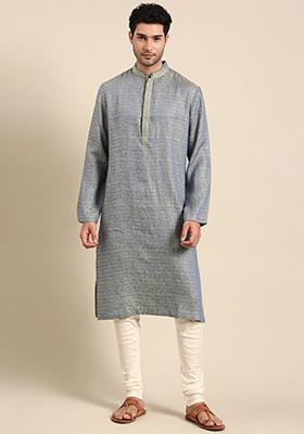 Blue And Green Linen Kurta Set For Men