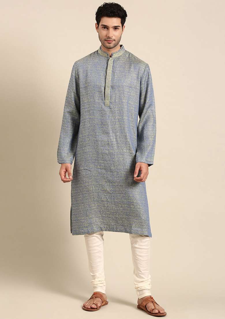 Blue And Green Linen Kurta Set For Men - Indya