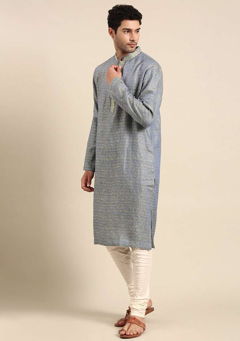 Blue And Green Linen Kurta Set For Men - Indya