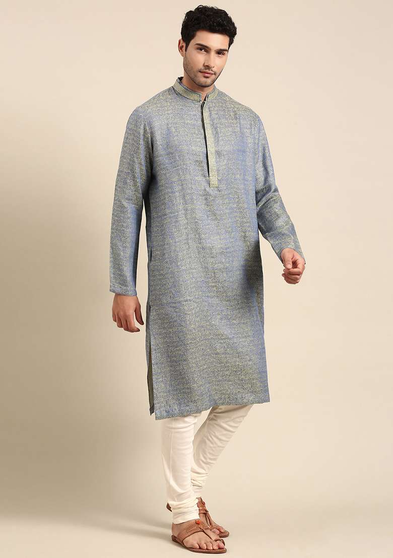 Blue And Green Linen Kurta Set For Men - Indya