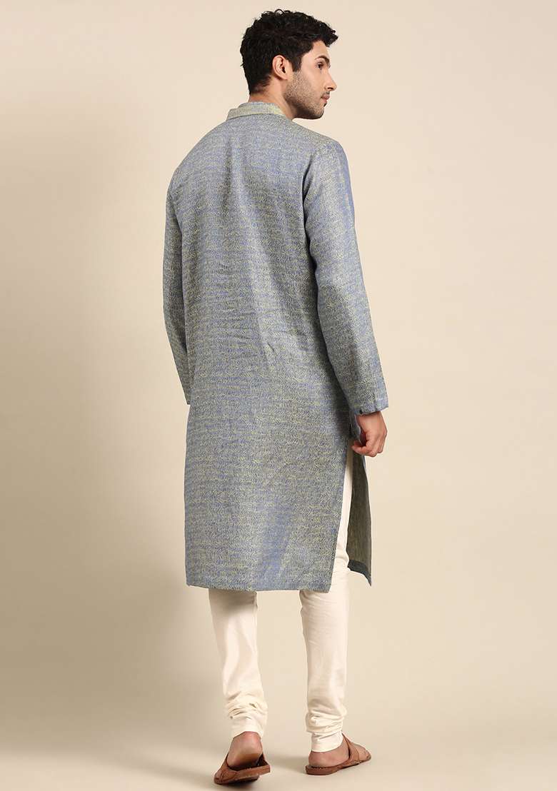 Blue And Green Linen Kurta Set For Men - Indya