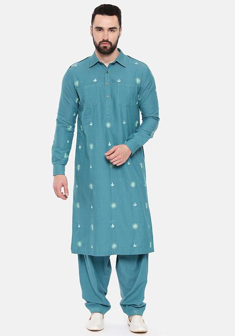 Blue Embroidered Cotton Pathani Kurta Set For Men