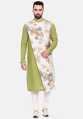 Green Floral Print Linen Kurta Set For Men