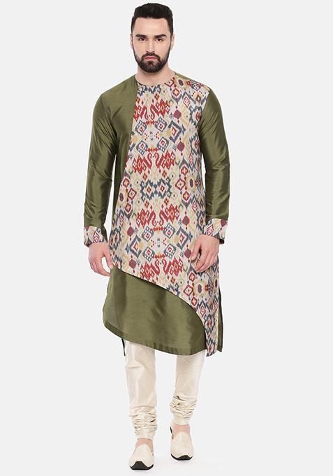Mehndi Green Printed Silk Cotton Kurta Set For Men