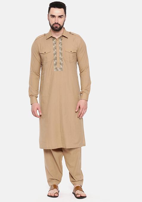 Khaki Cotton Pathani Kurta Set For Men
