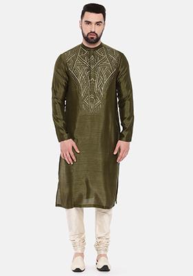 Green Embroidered Slub Silk Kurta Set For Men