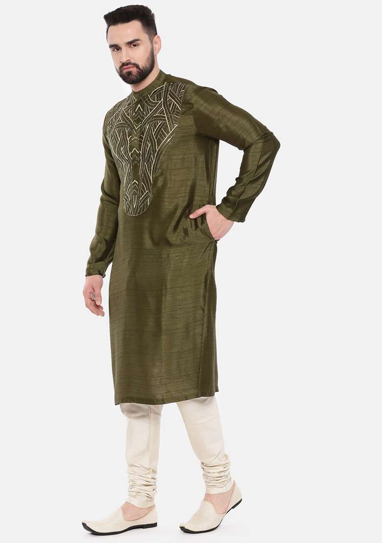 Green Embroidered Slub Silk Blend Kurta Set For Men - Indya