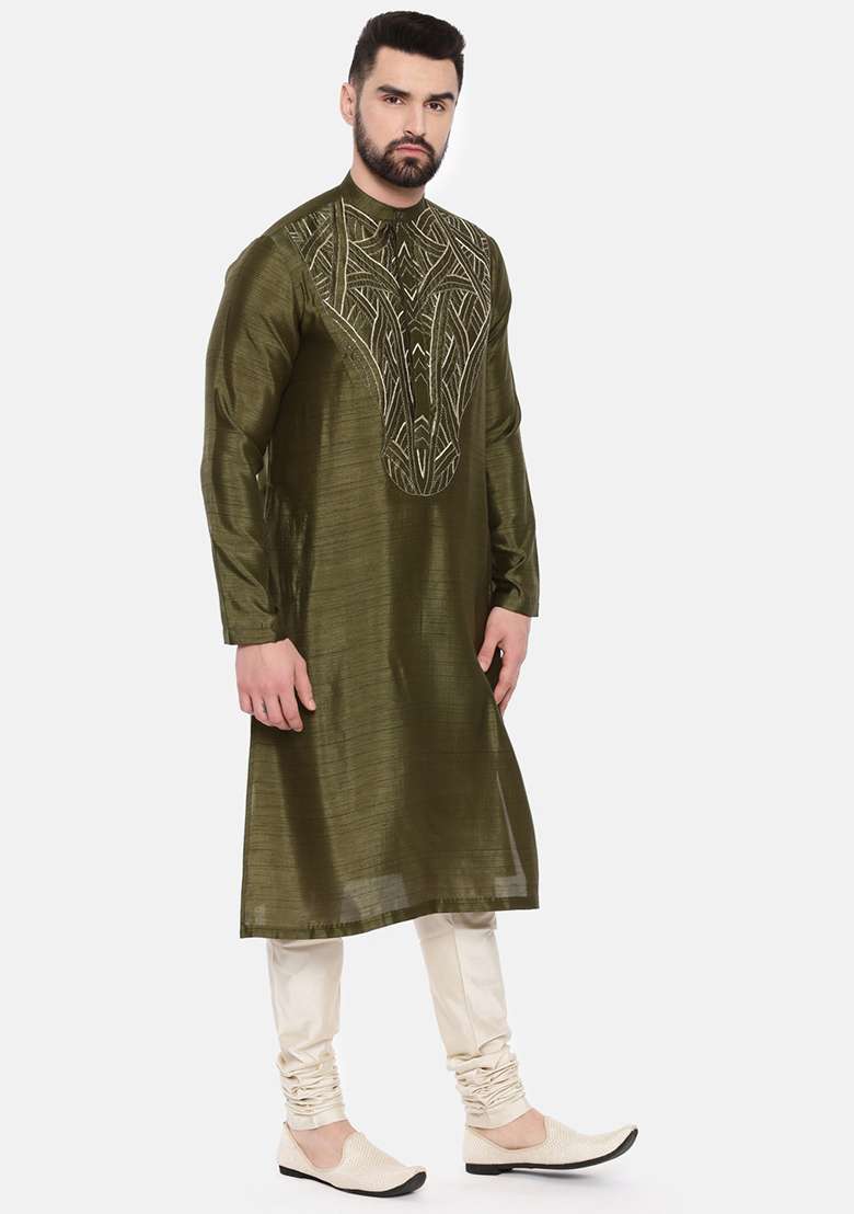 Green Embroidered Slub Silk Blend Kurta Set For Men - Indya