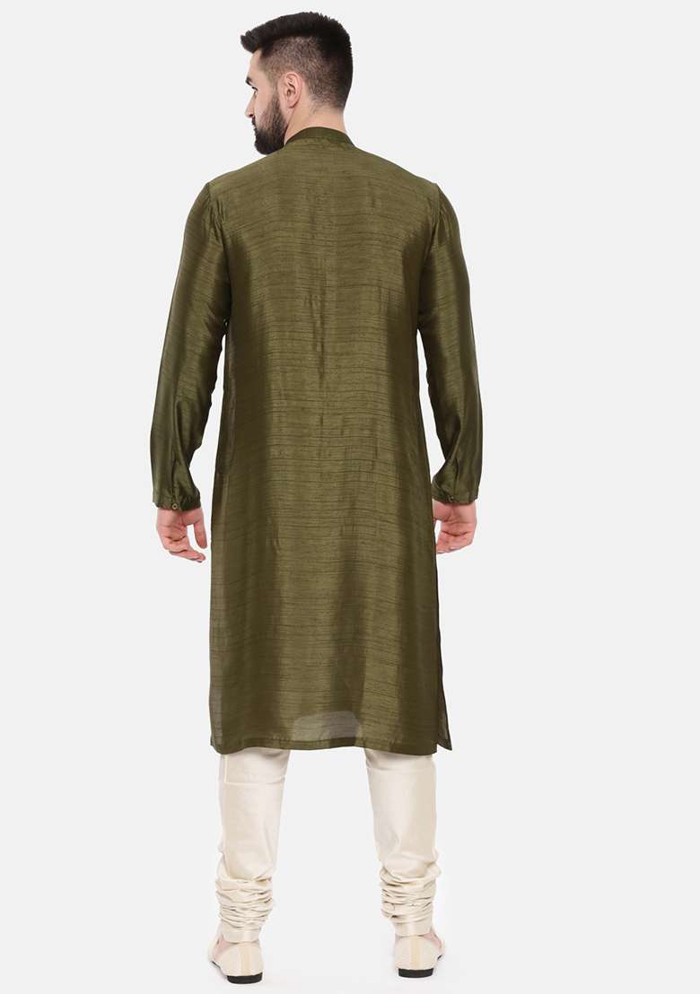 Green Embroidered Slub Silk Blend Kurta Set For Men - Indya