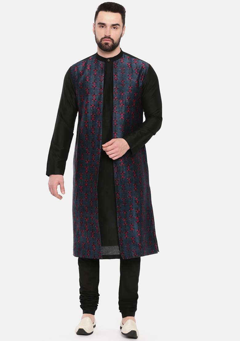 Black And Blue Printed Kurta Set For Men - Indya