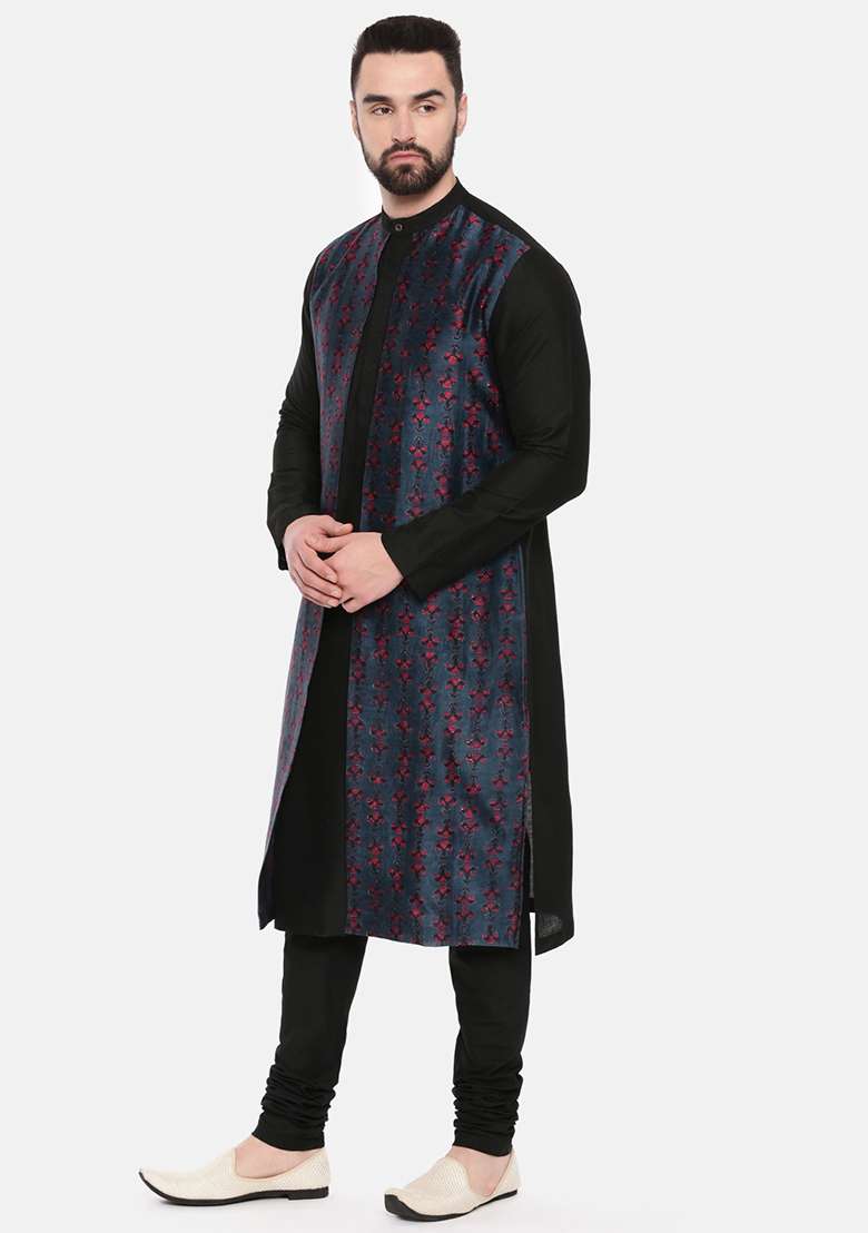 Black And Blue Printed Kurta Set For Men - Indya