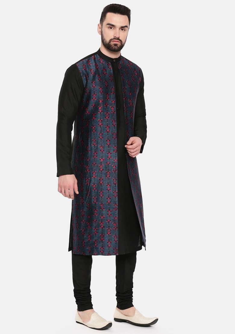 Black And Blue Printed Kurta Set For Men - Indya