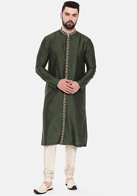 Bottle Green Embroidered Silk Kurta Set For Men